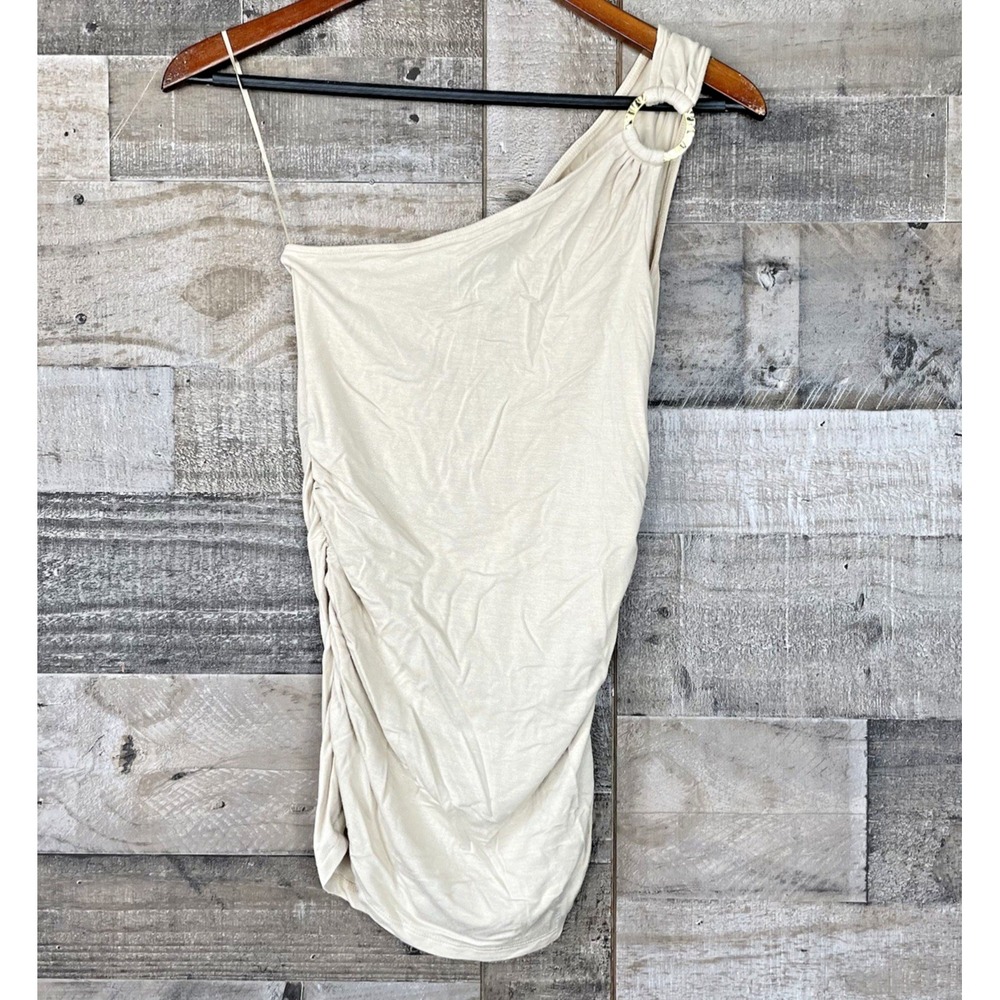 Express Fitted One Shoulder Ruched Cropped Tank Size S Tan Beige Gold Sparkle